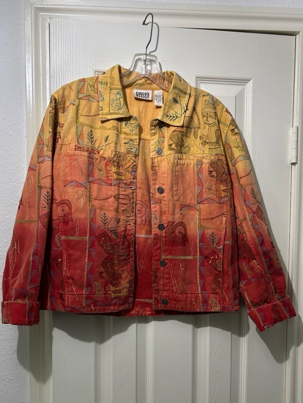Chico's Ombre Yellow to Red Patterned Jean Jacket Size 0 US 4/Small Southwestern